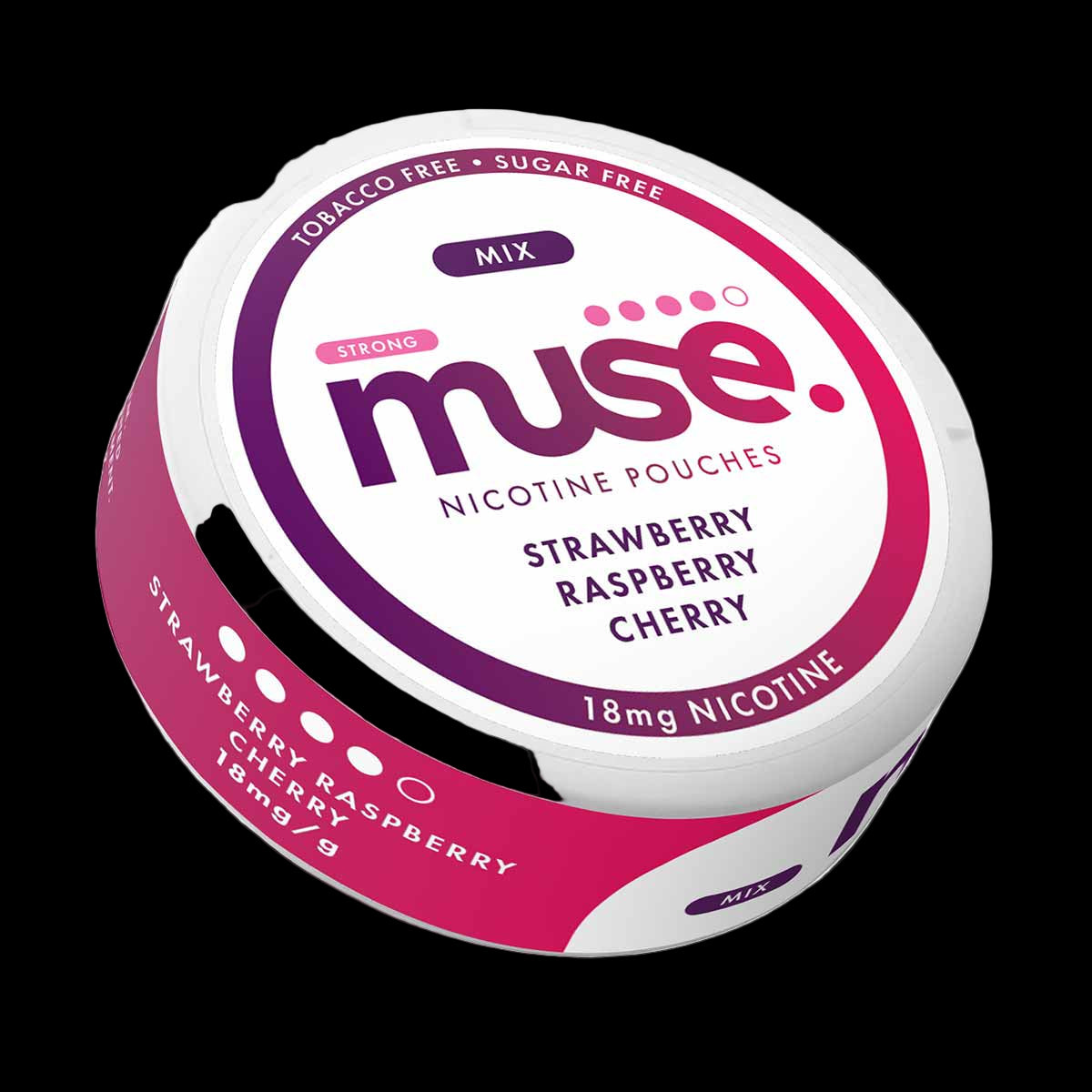Muse nicotine pouch container with strawberry raspberry cherry flavor on a white background